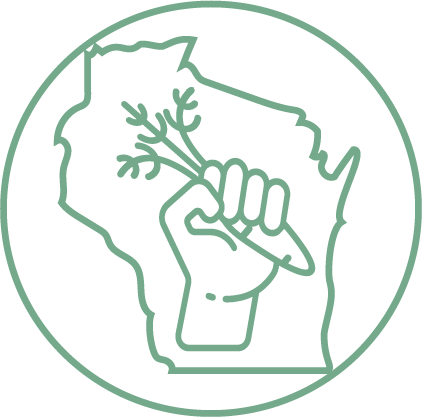 Transparent image of the state of Wisconsin with a raised fist holding a carrot inside it