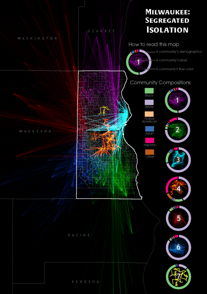 a dark background version of the neighborhood isolation map without a cartogram in Milwaukee, Wisconsin