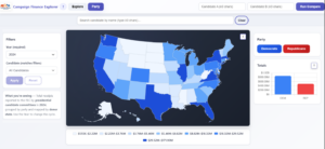 map of United States with campaign finance data overlaid