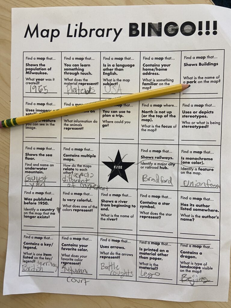 A sheet of paper with a Map Bingo game printed on it